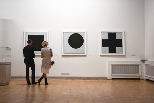 People look at Black Square painting, Kazimir Malevich arts on display at The State Russian Museum, St.Petersburg, 22 Apr 2022