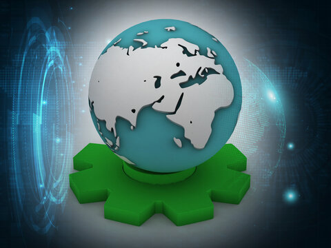 3d illustration globe on the gear with digital background 