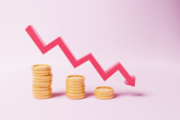 Red down arrow and coin stacks. Financial concept. 3d render