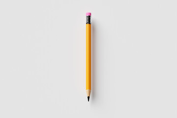 Realistic yellow pencil pointed with pink rubber band on white background, 3D illustration