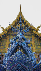 Chiang Rai Province,Northern Thailand on January 19,2020:Beautiful artworks at the main hall’s entrance of Wat Rong Suea Ten or Blue Temple.