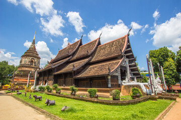 Chiang Mai,Thailand on September15,2019:Lanna style viharn(assembly hall) and old chedi of Wat Lok Moli (Wat Lok Molee).