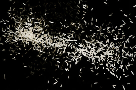 Raw white rice explosion. Heap of raw rice on dark background. faling rice on black background