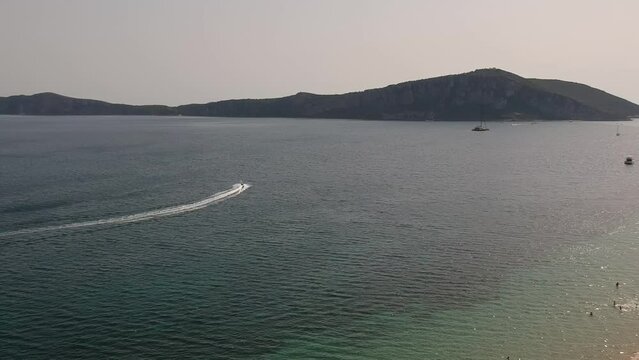 Panoramic aerial view over Divari beach near Navarino bay, Gialova. It is one of the best beaches in mediterranean Europe. Beautiful lagoon near Voidokilia from a high point of view, Messinia, Greece