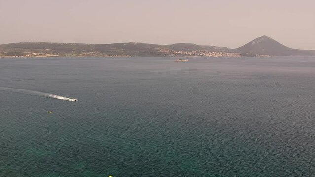 Panoramic aerial view over Divari beach near Navarino bay, Gialova. It is one of the best beaches in mediterranean Europe. Beautiful lagoon near Voidokilia from a high point of view, Messinia, Greece