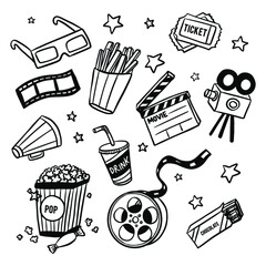 Cinema Movie Doodles, set of vector hand drawing icons illustration