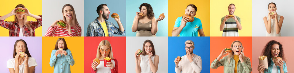Set of many people with tasty burgers on colorful background