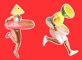 Jumping people with inflatable rings and watermelons instead of their heads on red background