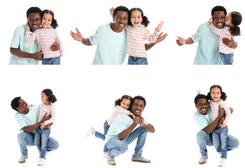 Obraz premium Set of happy African-American man and his little daughter isolated on white