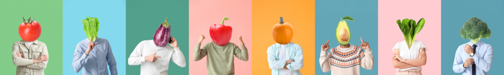 Set of people with fresh vegetables instead of their heads on color background - obrazy, fototapety, plakaty