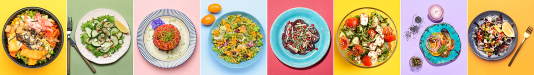 Set of delicious salads with vegetables on color background, top view