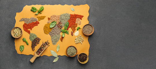 World map made of spices on grey background with space for text