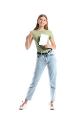 Teenage girl pointing at tablet computer on white background