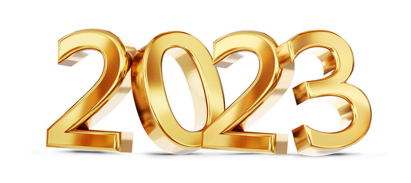 2023 golden symbol bold letters isolated on white 3d-illustration