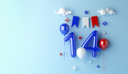Happy Bastille Day, French National Day 14 of July decoration background with balloon flag, 3d rendering illustration