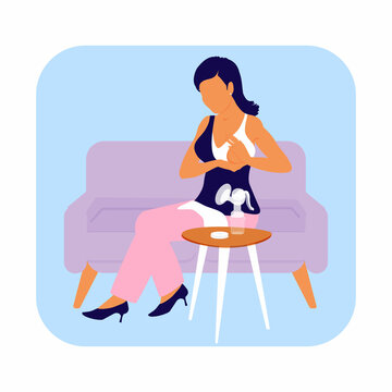 Beautiful Mom expression with a breast pump. Lactation, breastfeeding woman. Business mother. Vector illustration