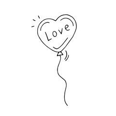 Balloon in the shape of a heart with the inscription love for romantic cards, invitations. Doodle. Drawn by hand. Sketch. Love, romance. Silhouette. Black and white. Contour. Coloring
