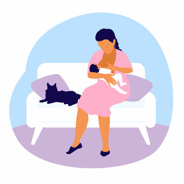 Mom with a baby in her arms sits on the couch at home. Breastfeeds a baby in a sitting position. The cat is on the sofa. Breastfeeding mother and newborn child.