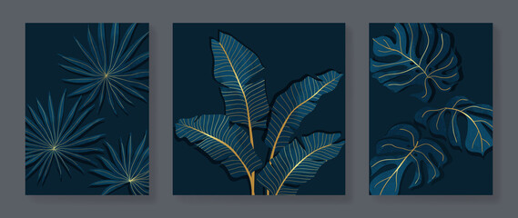 Fototapeta na wymiar Set of abstract golden wall art vector. Tropical plants, botanical, palm leaves, foliage, monstera. Collection of luxury leaf wall decoration perfect for decorative, interior, prints, banner.