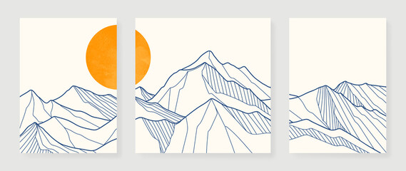 Set of abstract mountain wall art vector. Hills, panorama view, line mountains, sunset in line art. Collection of landscape wall decoration perfect for decorative, interior, prints, banner.