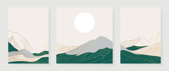 Set of abstract mountain wall art vector. Hills, panorama view, line mountains, sunset in line art. Collection of luxury landscape wall decoration perfect for decorative, interior, prints, banner.