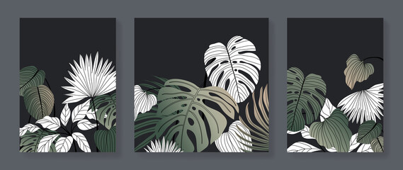 Set of abstract botanical wall art vector. Tropical plants, leaf branches, palm, monstera, foliage. Collection of botanical wall decoration perfect for decorative, interior, prints, banner. © TWINS DESIGN STUDIO