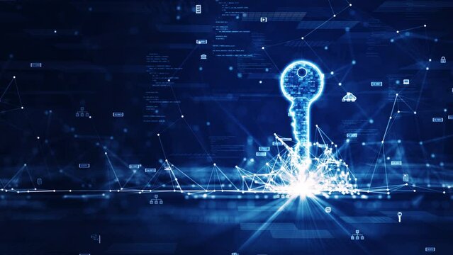 Data code connection technology concept to protect cybersecurity. There is a prominent key on the right, connecting the polygons with binary code and slow moving small icons on a dark blue background.