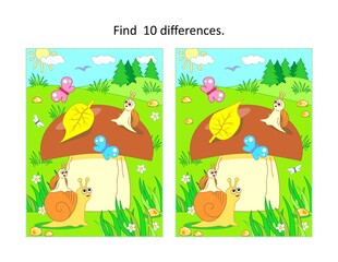 Find ten differences picture puzzle with big yummy mushroom and mom and kids snails
