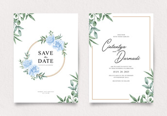 Double sided wedding invitation template with blue roses and leaves