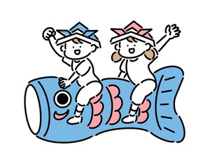 こどもの日に鯉のぼりにまたがる2人の子供
