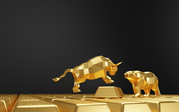 Bull and bear on gold bars with copy space 3D Render