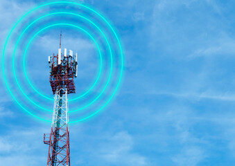 High telecommunication tower for distribute network wave for 5G,with blue wave signal sign