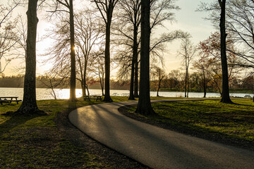 Sunset Fall Colors in Rockland Lake at springtime, New YorkHigh-quality photo