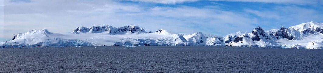 Panorama of snow covered mountains at Portal Point, Antarctica
