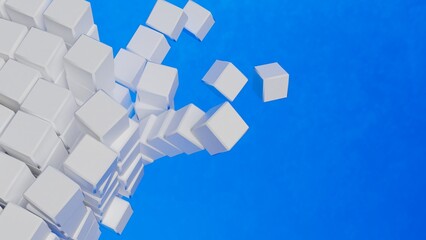 A set of many white cubes that are collapsing under black-blue lighting background. Conceptual 3D illustration of blockchain, financial system and personal data analysis.