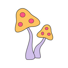 Groovy retro mushrooms. Hippie psychedelic sticker in 1970 style. Vector mushroom from 60s isolated on white background