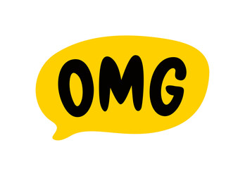 OMG speech bubble. Oh my god text. Hand drawn comic quote. OMG icon lettering. Doodle phrase. Vector illustration for print on shirt, card, poster etc. Black, yellow and white.