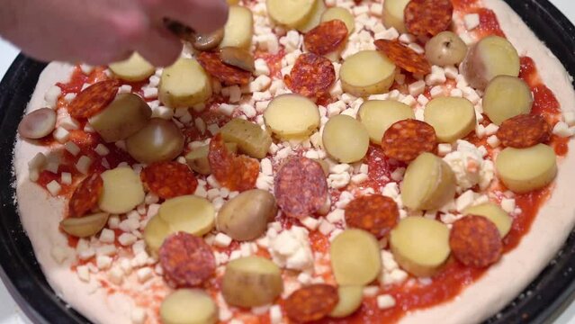 Chef Making Healthy Pizza With Pepperoni, Mushroom, Potato, And Cheese
