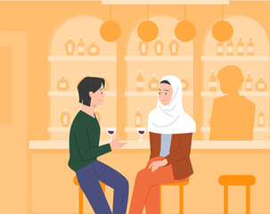 Two friends are drinking wine in a bar and talking. A woman is wearing a hijab. flat design style vector illustration.