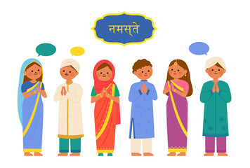 Men and women in various traditional Indian costumes greeting each other. flat design style vector illustration.