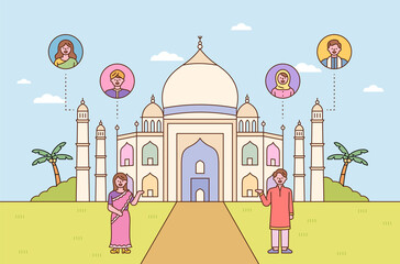 A man and a woman dressed in traditional Indian costumes are introducing the Taj Mahal. cute with outline flat design style vector illustration.