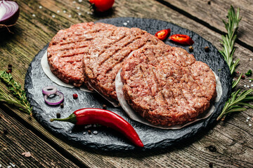 hamburger patties, minced meat for burger, beef lamb meat Burger steak, banner, menu, recipe place for text, top view