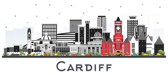 Cardiff Wales City Skyline with Color Buildings Isolated on White.