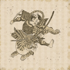 Fototapeta na wymiar 浮世絵　虎にのる武士　ビンテージバージョン