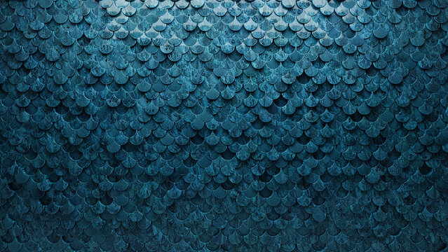 3D, Blue Patina Mosaic Tiles arranged in the shape of a wall. Polished, Glazed, Bricks stacked to create a Fish Scale block background. 3D Render