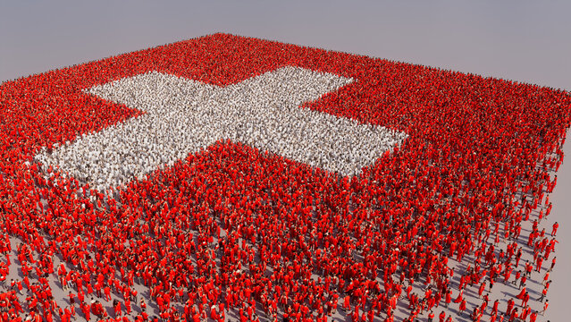 Swiss Flag formed from a Crowd of People. Banner of Switzerland on White.