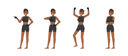 Set of Mixed Martial Arts woman character vector design. Presentation in various action with emotions, running, standing and walking.