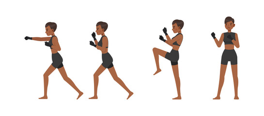 Set of Mixed Martial Arts woman character vector design. Presentation in various action with emotions, running, standing and walking.