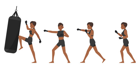 Set of Mixed Martial Arts woman character vector design. Presentation in various action with emotions, running, standing and walking.