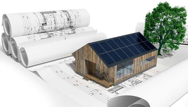 Solarmodule an einem Ferien/Wochenendhaus - 3D Visualization